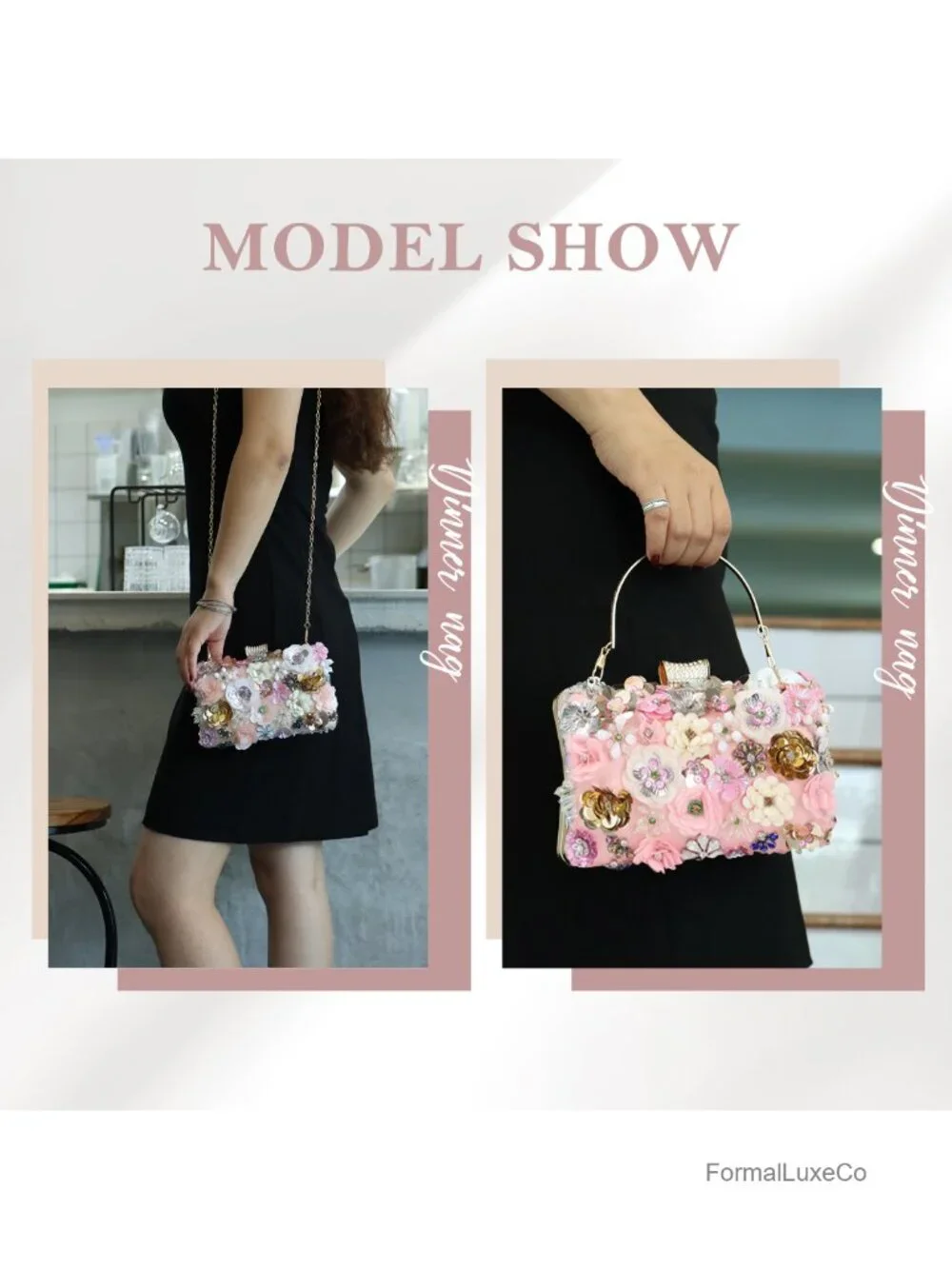 Evening Clutch Handbag Chain Strap Floral Crystal Sequin Shoulder Bag